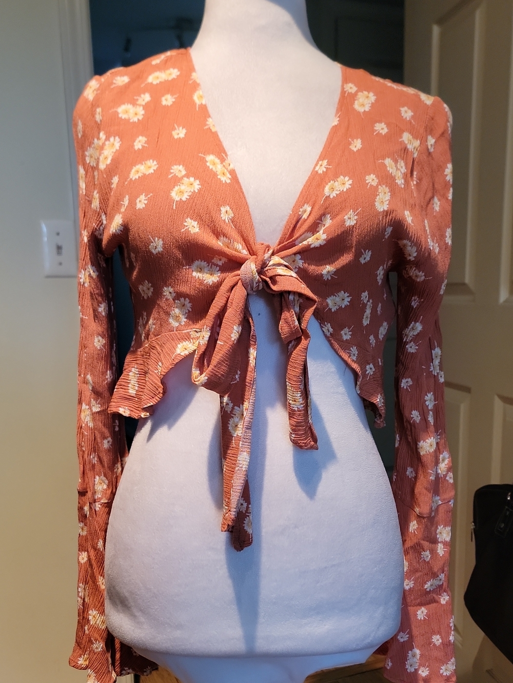 Audrey 3+1 Floral Tie-Front Long Sleeve Top/Bolero - Rust